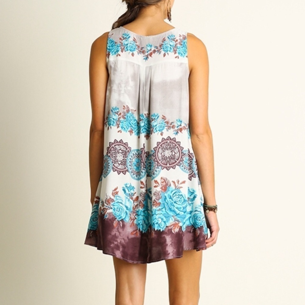 Loose fitting swing dress, turquoise, brown, cream - Picture 3 of 5